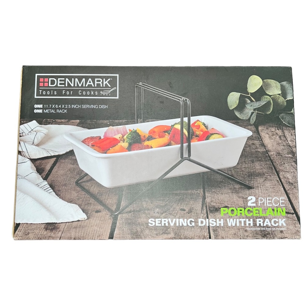 NIB Porcelain White Serving Dish With Rack